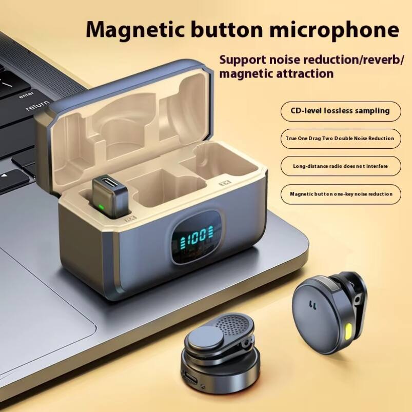 Magnetic button microphone  
Support noise reduction/reverb/ magnetic attraction  

- CD-level lossless sampling  
- True One Drag Two Double Noise Reduction  
- Long-distance radio does not interfere  
- Magnetic button one-key noise reduction