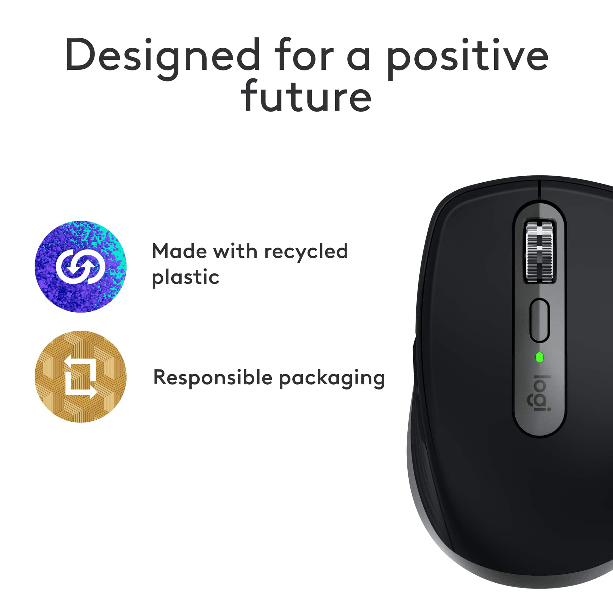 Designed for a positive future Made with recycled plastic Responsible packaging Logitech