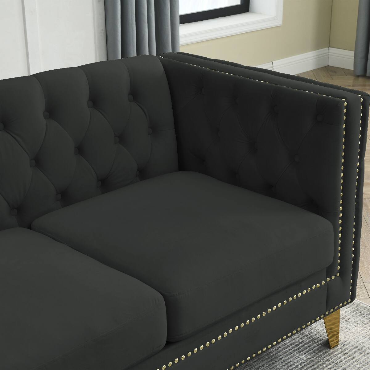 Alt View 3. Ropilly - Ropilly Velvet Corner Sofa, L Shaped Sectional Couch, Black 5 Seater Chesterfield Style Sofa - Black.
