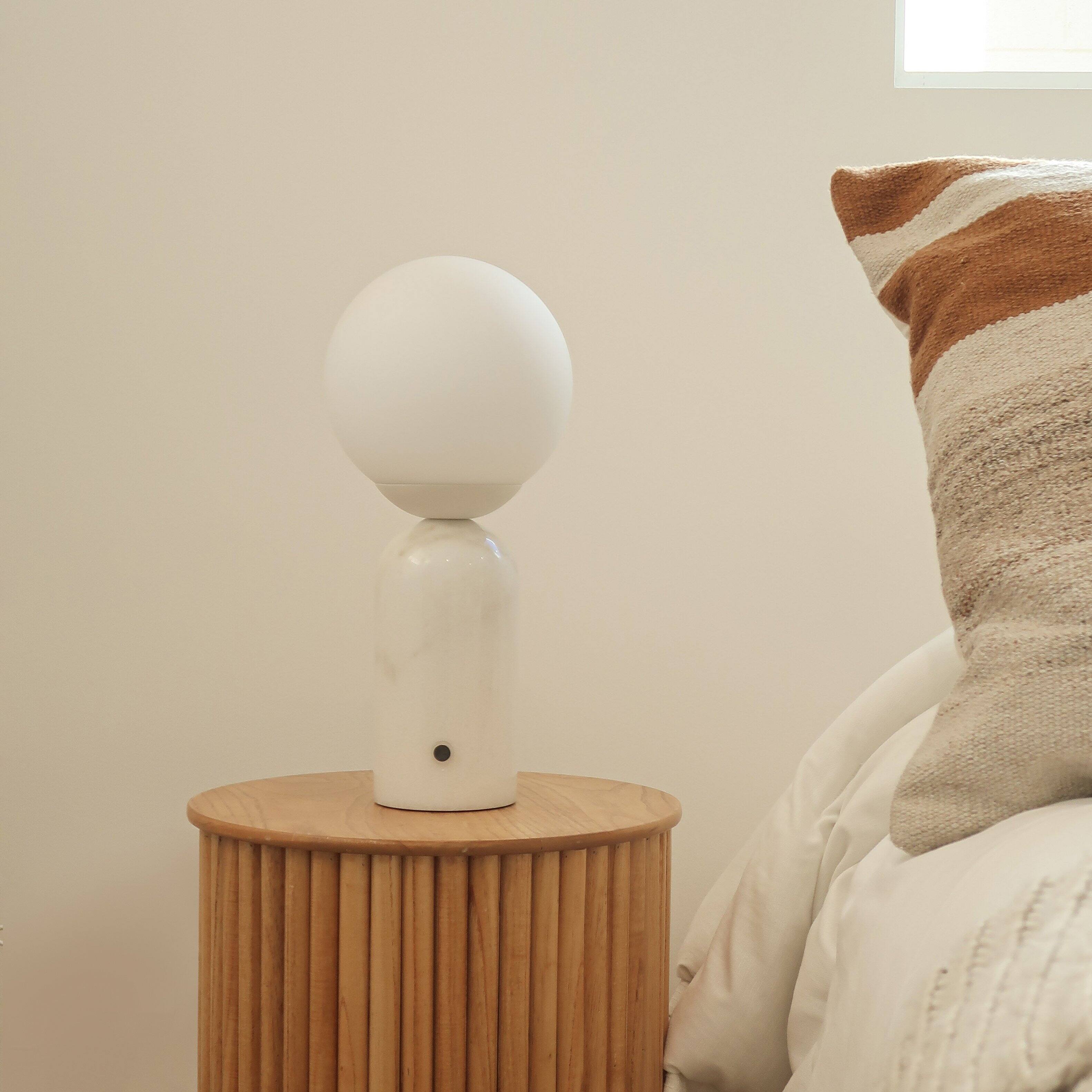 Alt View 7. Brightech - Mila Tall LED Modern Contemporary Round Globe Dimmable Bedside Nightstand Desk Lamp with Frosted White Glass Shade - Glossy White Marble.