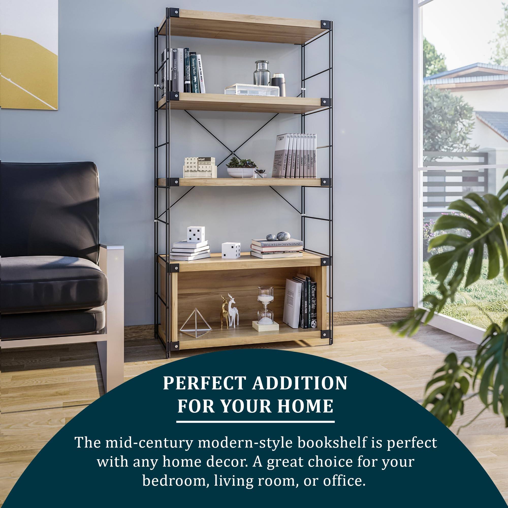 PERFECT ADDITION FOR YOUR HOME

The mid-century modern-style bookshelf is perfect with any home decor. A great choice for your bedroom, living room, or office.