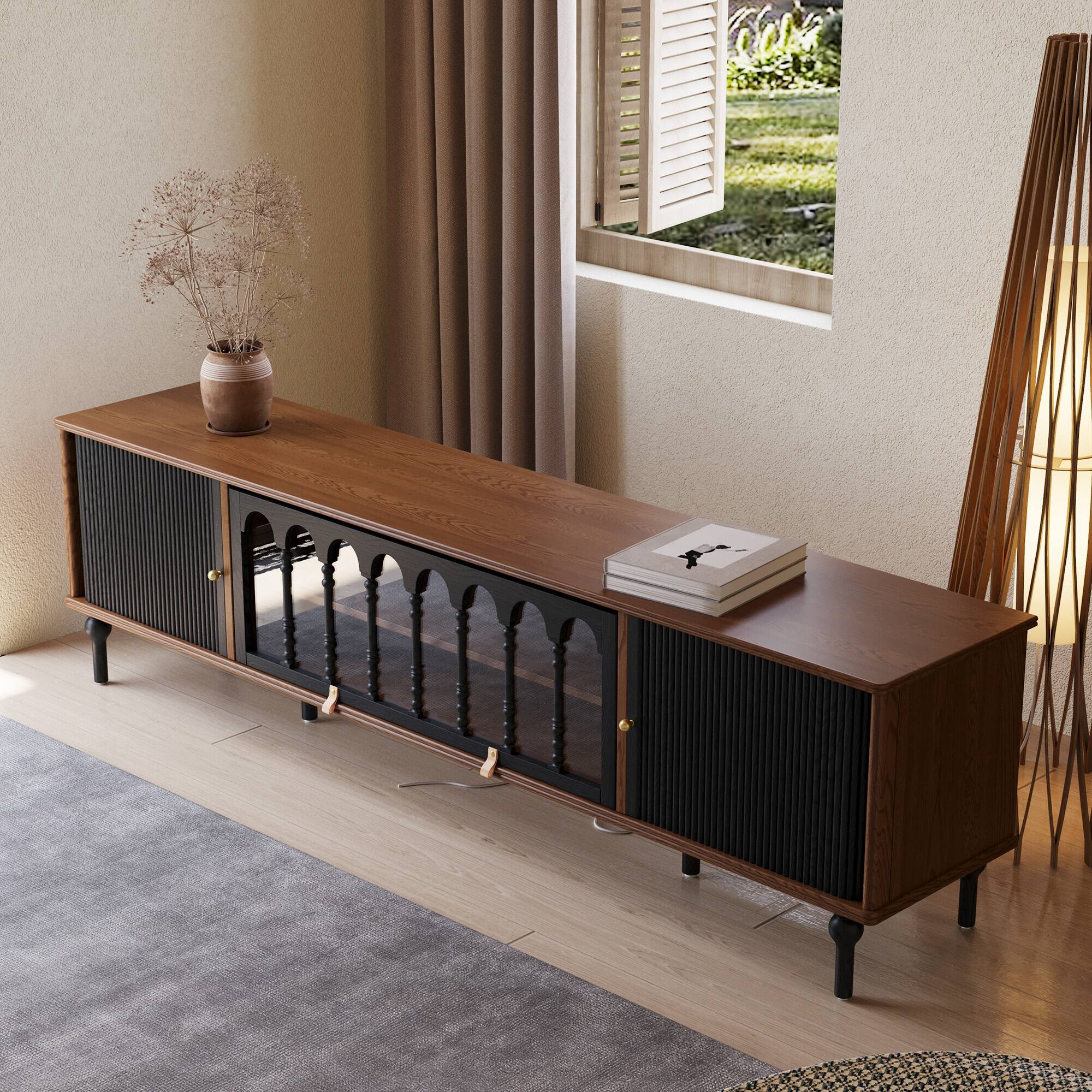 Left. luck idea - 78.74" TV Stand Media Console with Sliding Doors, Arched Glass & Solid Wood Legs - Walnut Color.