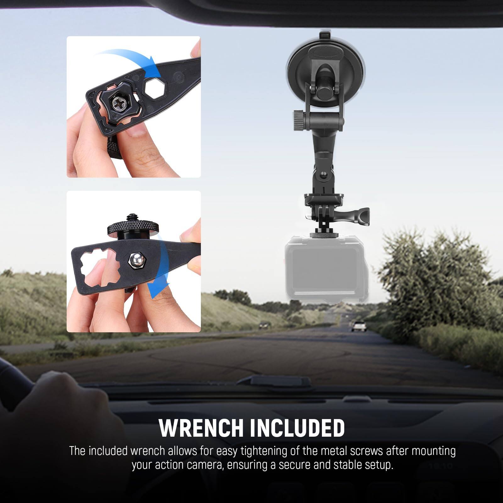 WRENCH INCLUDED

The included wrench allows for easy tightening of the metal screws after mounting your action camera, ensuring a secure and stable setup.