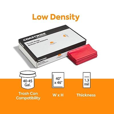 Low Density  
COASTWIDE  
Trash Bags  
Bolsas de basura  

40-45 Gal.  
Trash Can Compatibility  

40" x 46"  
W x H  

1.3 mil  
Thickness