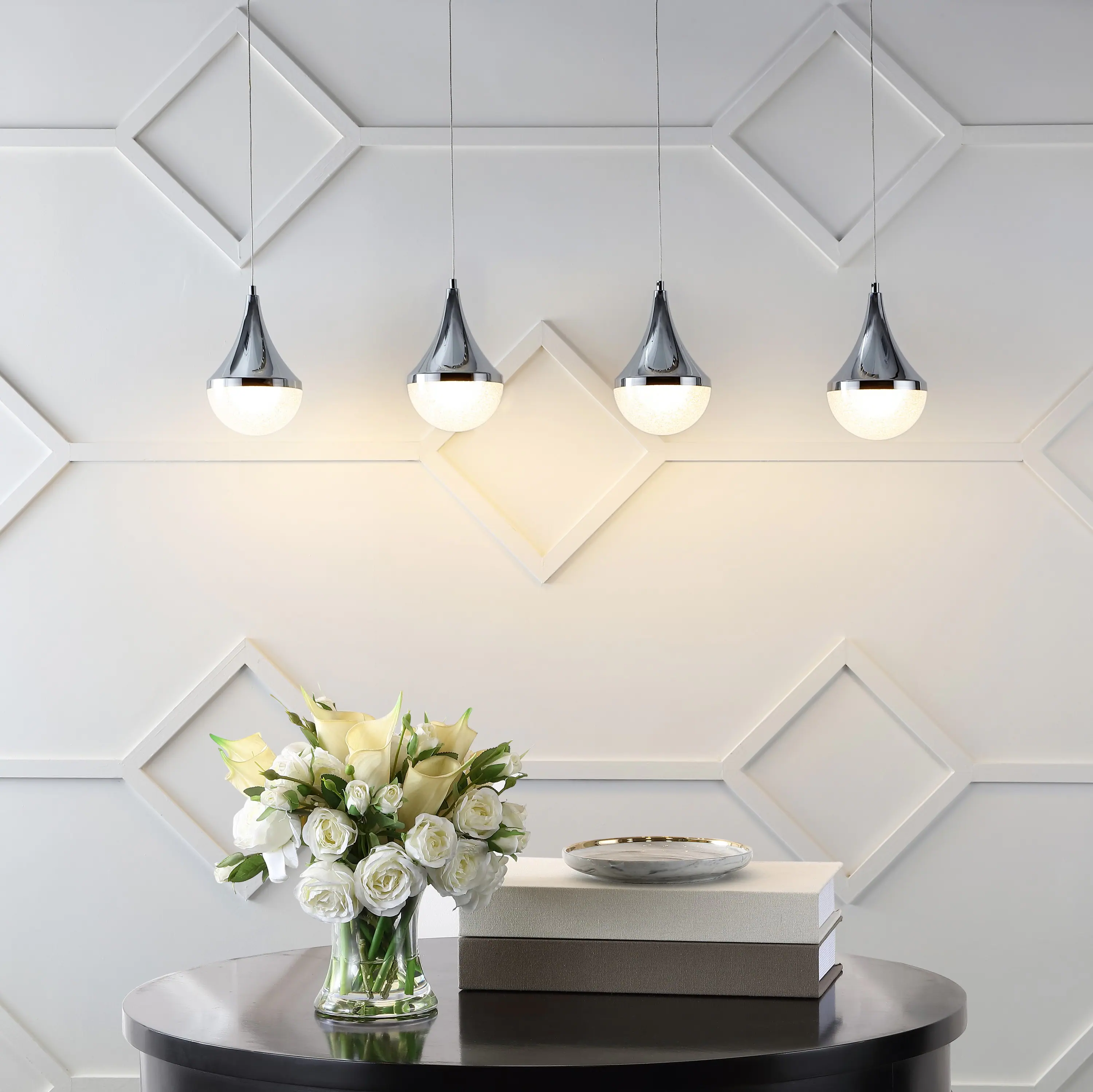 Alt View 1. Jonathan Y - Elyse Teardrop 47" 4-Light Modern Mid-Century Iron/Acrylic Integrated Linear LED Pendant, Chrome/White - Chrome/White.