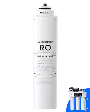 Waterdrop RO Reverse Osmosis Membrane Filter
Model: WD-RT-450RO
Compatible model: WD-RT34-WCA, WD-RT34-WMA, WD-RT44D-WDD, WD-RT44D-WAD
Filter life time: Up to 24 months
Reset After Replacement:
1. Press and hold the RO sign for 7 seconds until the indicator light system beeps and starts to flash.
2. Turn on faucet for 30 minutes to flush.
Qingdao Ecopure Filter Co. Ltd.
Tel: 5.1-888-352-3558
Email: service@waterdropliter.com
Address: No. 13 Jimo Oingdao China
EPA No: 95301-CHN-1
Made in China
RO - CBM - CF