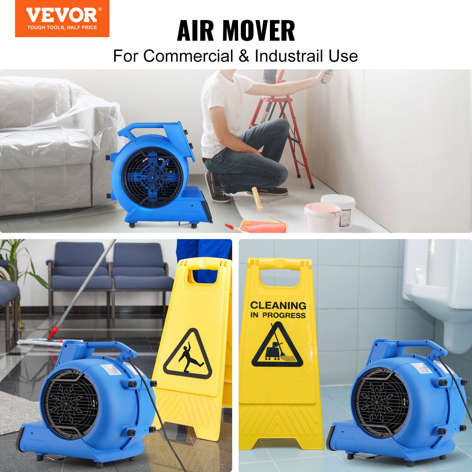 VEVOR TOUGH TOOLS, HALF PRICE AIR MOVER For Commercial & Industrial Use CLEANING IN PROGRESS