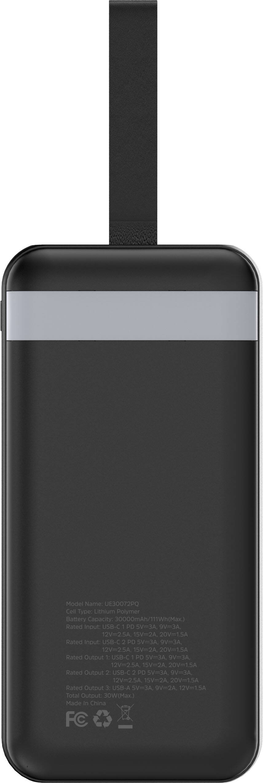 The image shows a black cell phone with a USB-C port and a USB-A port. The phone has a lithium polymer battery with a capacity of 30000mAh/111Wh. The rated input includes USB-C 1 PD with 5V=3A, 9V=3A, 12V=2.5A, 15V-2A, and 20V=1.5A. The rated output includes USB-C 1 PD with 5V=3A, 9V=3A, 12V=2.5A, 15V=2A, and 20V=1.5A. The rated output for USB-C 2 PD is 5V=3A, 9V=3A, 12V=2.5A, 15V=2A, and 20V=1.5A. The rated output for USB-A is 5V=3A, 9V=2A, and 12V=1.5A. The total output for the device is 30W. The phone is made in China.