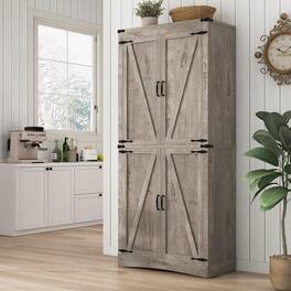 Espafurni - 71in Farmhouse Pantry - 4 Doors Cabinet, Adjustable Shelves, Steel Pipe for Kitchen & More - Rustic Oak