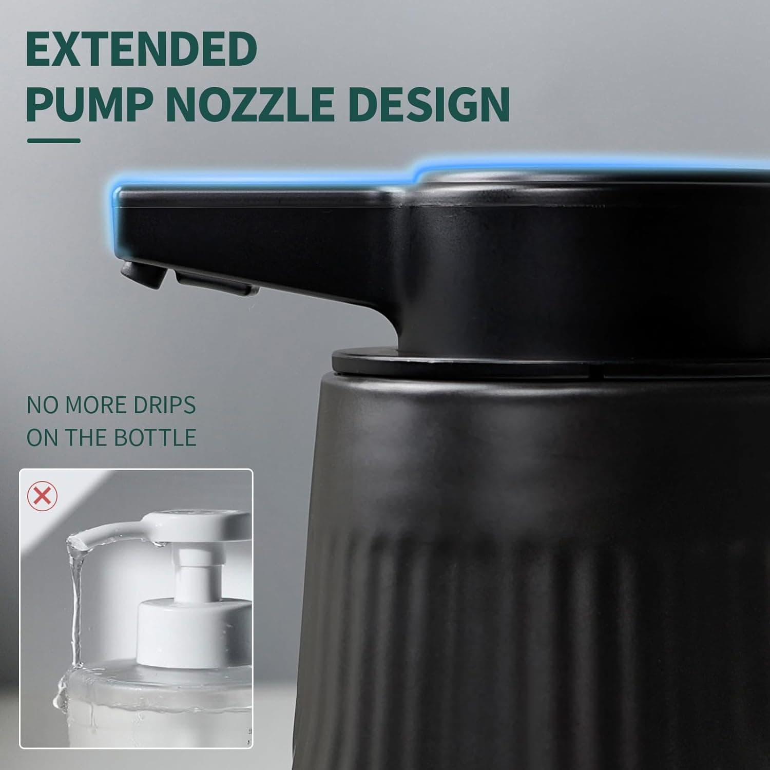 EXTENDED PUMP NOZZLE DESIGN

NO MORE DRIPS ON THE BOTTLE
