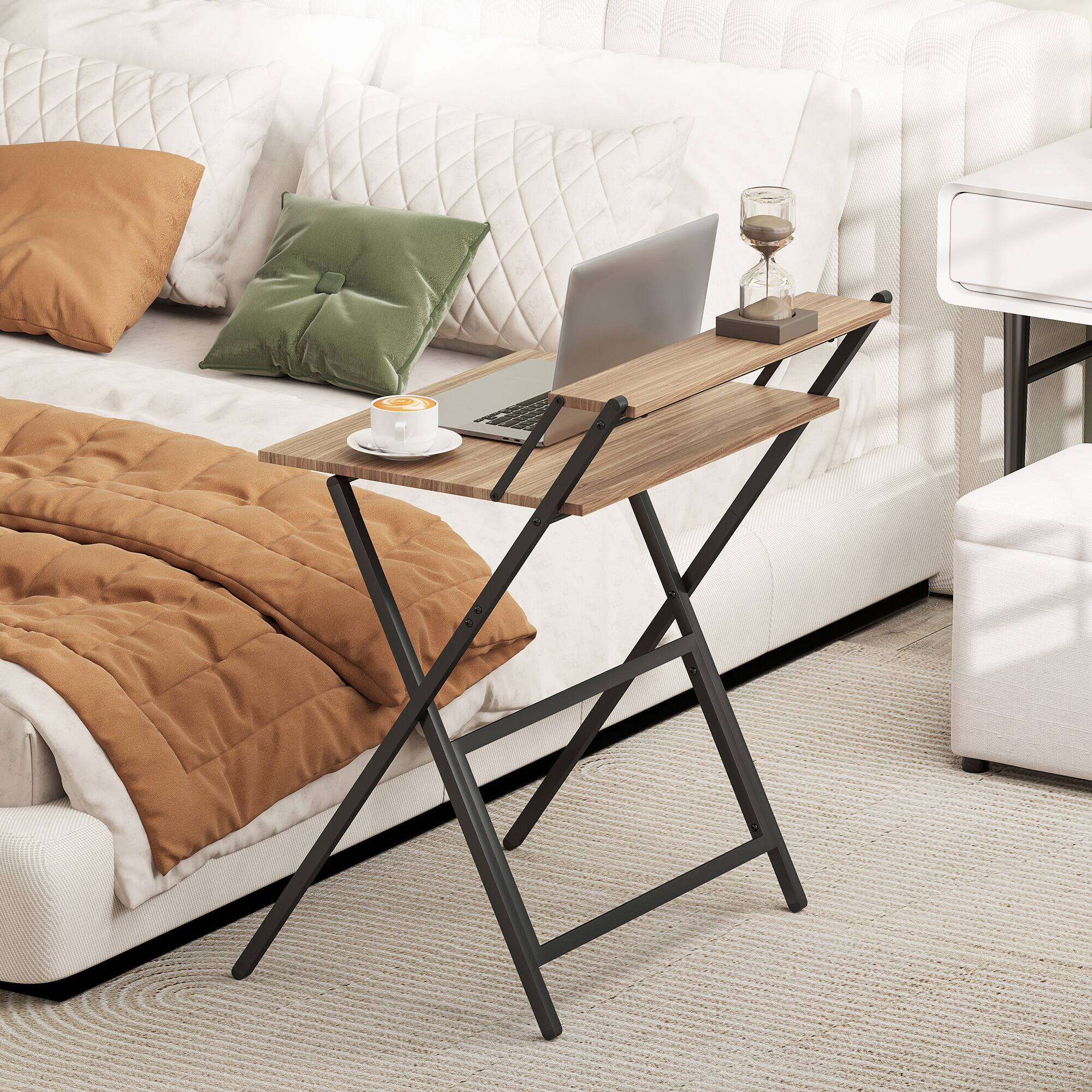 Alt View 8. Homcom - Small Folding Desk, 27.6 Inch Foldable Computer Desk with Monitor Shelf, Space Saving Portable Writing Table - Walnut.