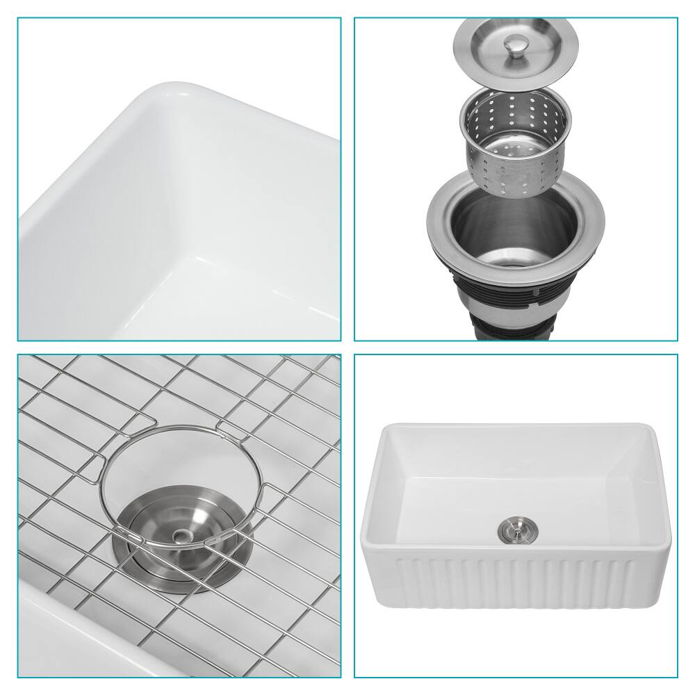 Alt View 1. JUJABU - 30 x 18 x 10 in. White Ceramic Farmhouse Kitchen Sink Reversible Single Bowl - White.