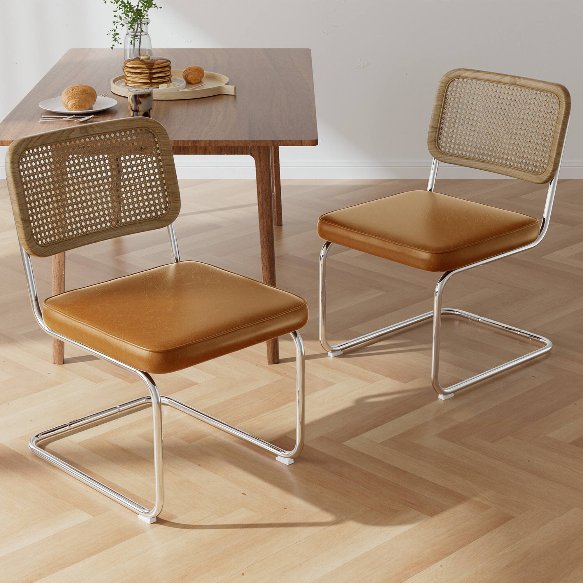 KERDOM - 2 Pcs Natural Rattan Dining Chairs, PU Leather Kitchen Chairs, Cane Mesh Back, Patio Coffee Corner Chair With Foot Pads - Brown price history on PriceWatchPro
