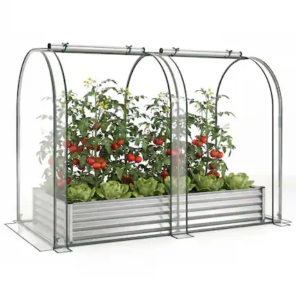 Front. Gymax - Gymax 6 x 3 x 1 FT Galvanized Raised Garden Bed w/Greenhouse Cover 2 Roll-up Windows Sliver & Transparent - Silver.