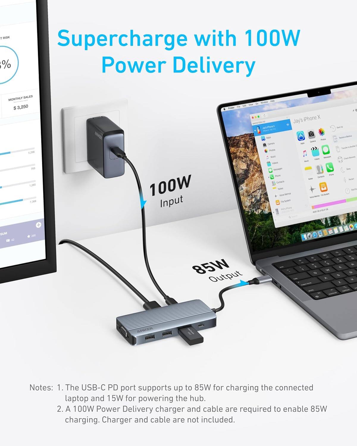 Supercharge with 100W Power Delivery

MONTHLY SALES $3,250

100W Input

85W Output

Notes: 1. The USB-C PD port supports up to 85W for charging the connected laptop and 15W for powering the hub. 2. A 100W Power Delivery charger and cable are required to enable 85W charging. Charger and cable are not included.