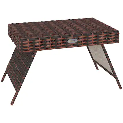 Front. Outsunny - Folding Rattan Side Table, Outdoor End Table, Hand Woven PE Rattan Coffee Table for Balcony, Backyard, Garden, Lawn - Brown.