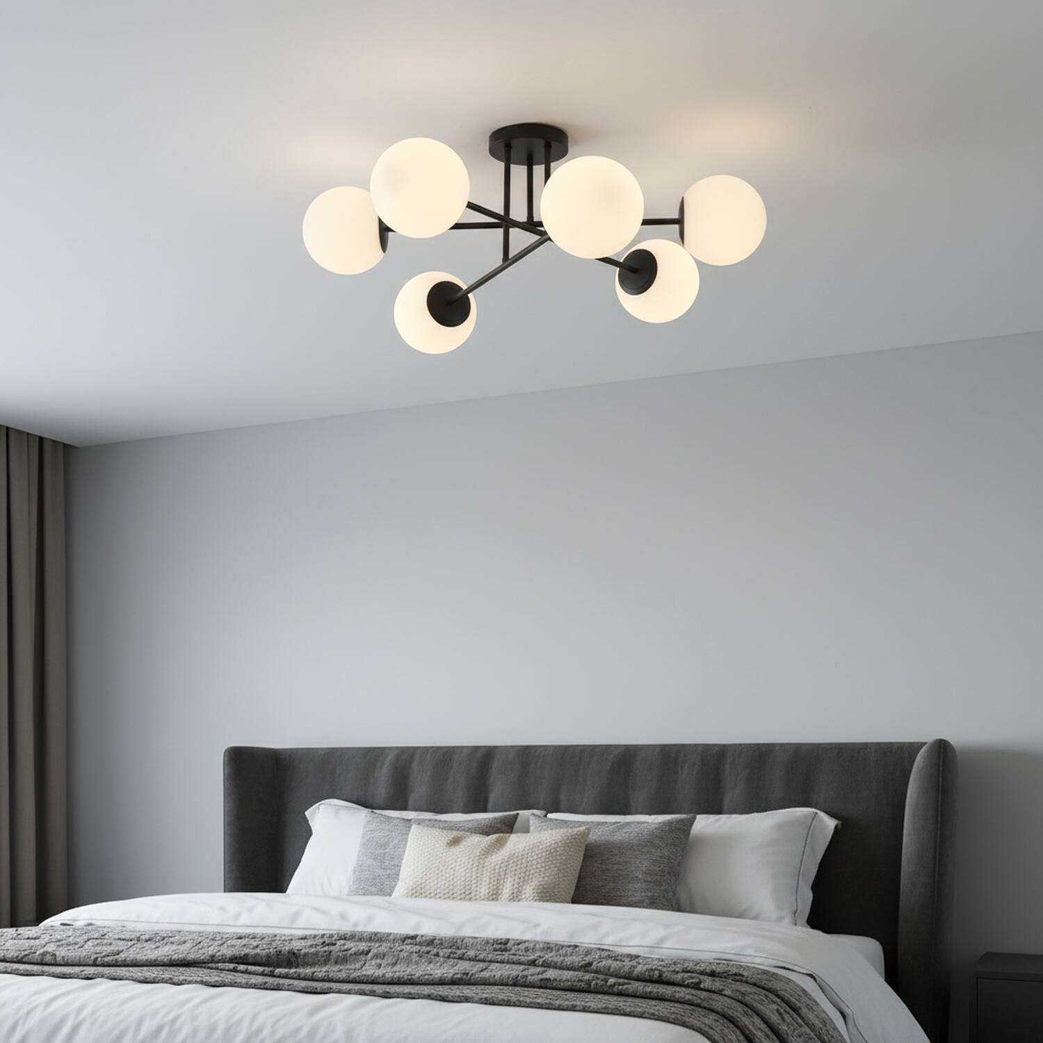 Angle. Umeiluce - Modern 6-Light 30.7 Inches Semi-Flush Mount Glass Globes E12 - Matte Black.