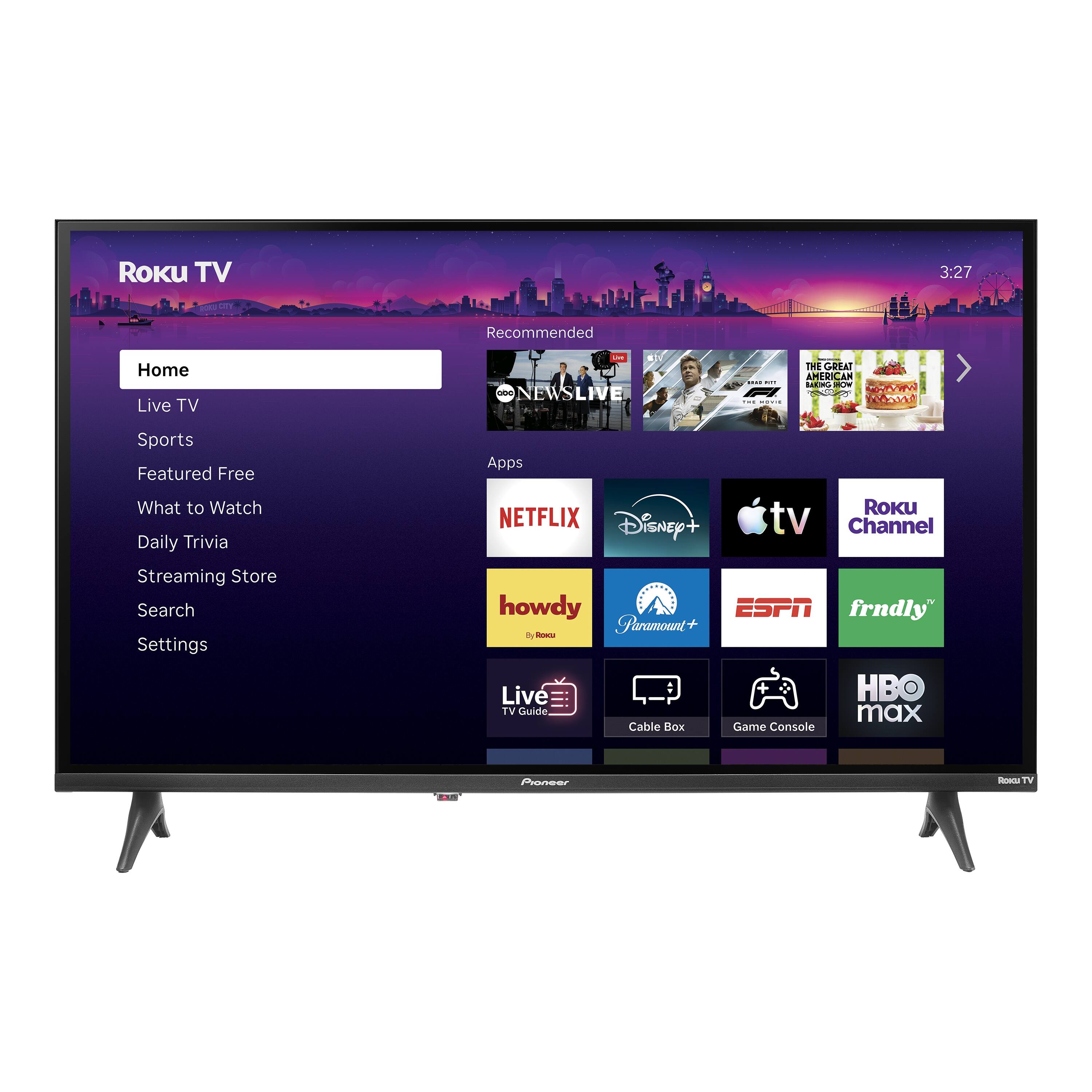 ROKU TV  
3:27  
Recommended  
Home Live TV  
Use abc NEWSLIVE  
BRAD THE - THE GREAT AMERICAN BAKING SHOW  
Sports Featured Free What to Watch Daily Trivia Streaming Store Search Settings  
Apps ROKU NETFLIX Disney+ tv Channel howdy ESPN frndly Paramount by unit Live HBO TV Guide max Cable Box Game Console  
Pioneer  
FOODCE TV