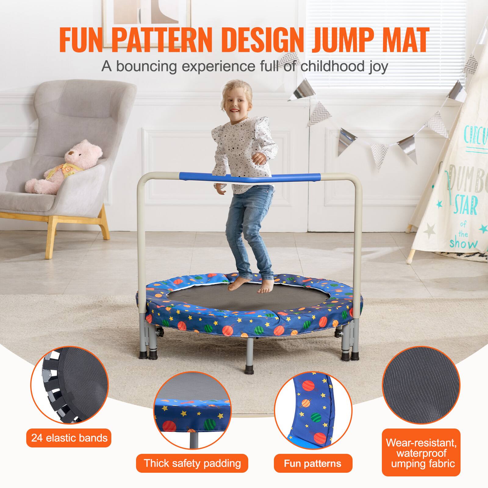FUN PATTERN DESIGN JUMP MAT  
A bouncing experience full of childhood joy  

- 24 elastic bands  
- Thick safety padding  
- Fun patterns  
- Wear-resistant, waterproof jumping fabric