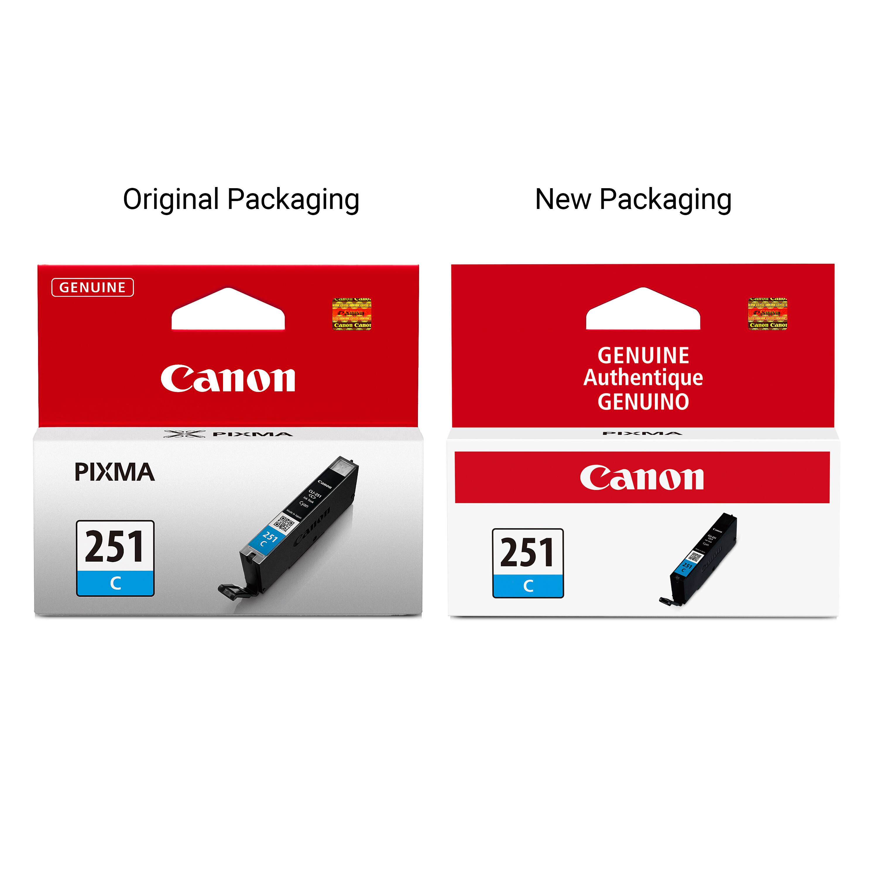 Original Packaging
New Packaging
GENUINE
LIBROS - 
Laros - Cafe
CANON Camin
CANO Canot
Canon
GENUINE Authentique GENUINO
PIXMA
PIXMA
Canon
251 
C 251