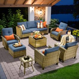 Ovios - 9 PCS Patio Furniture Set, Rattan Sofa with Swivel Chair, Ottoman & Coffee Table for Garden - Denim Blue