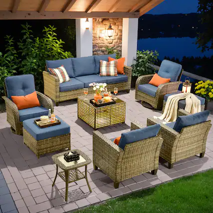 Front. Ovios - 9 PCS Patio Furniture Set, Rattan Sofa with Swivel Chair, Ottoman & Coffee Table for Garden - Denim Blue.