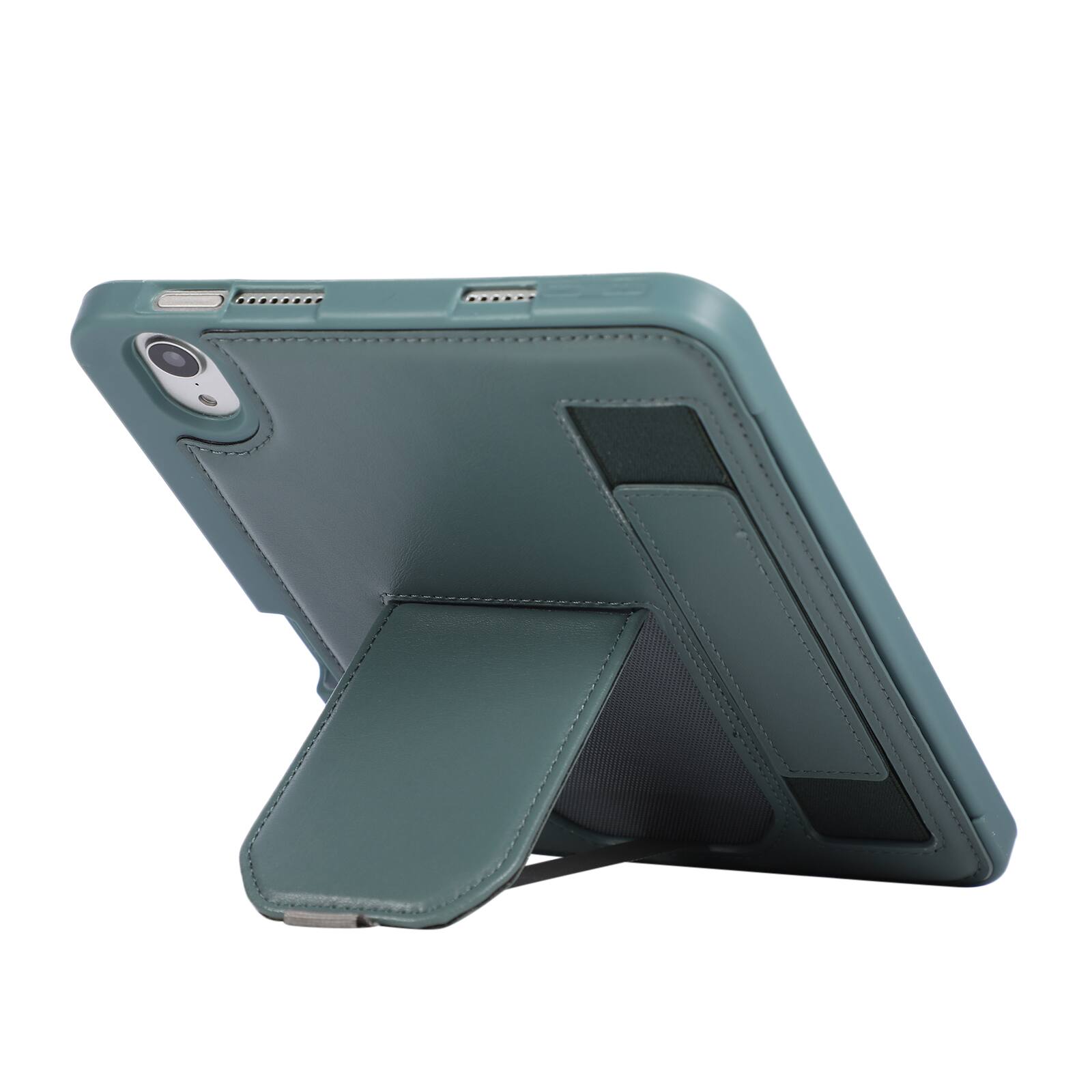 Left. Dteck - Shockproof Case for Apple iPad mini (A17 Pro) 2024 with Hand Strap and Foldable Stand, PU Leather TPU Protective Cover - Darkgreen.