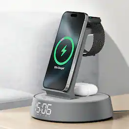 Dazzed Corner - Alarm Clock with Wireless Charging Station, Dimmable Night Light & Bluetooth Speaker - Gray