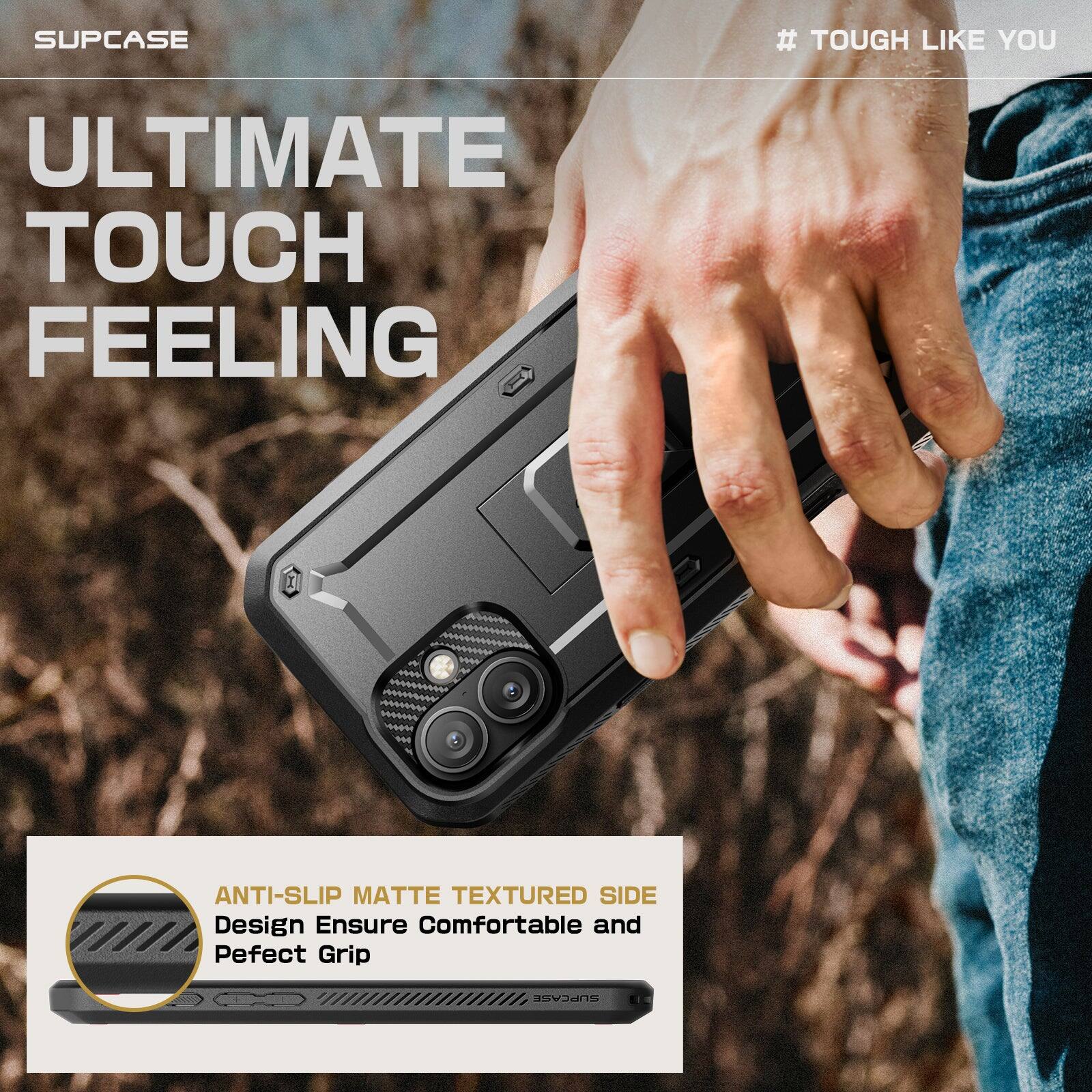 The corrected text from the image is:

"Supcase # Tough Like You Ultimate Touch Feeling 1 Anti-Slip Matte Textured Side Design Ensure Comfortable and Perfect Grip Supcase"

The text is grouped as follows:

- "Supcase # Tough Like You"
- "Ultimate Touch Feeling"
- "1 Anti-Slip Matte Textured Side Design Ensure Comfortable and Perfect Grip"
- "Supcase"