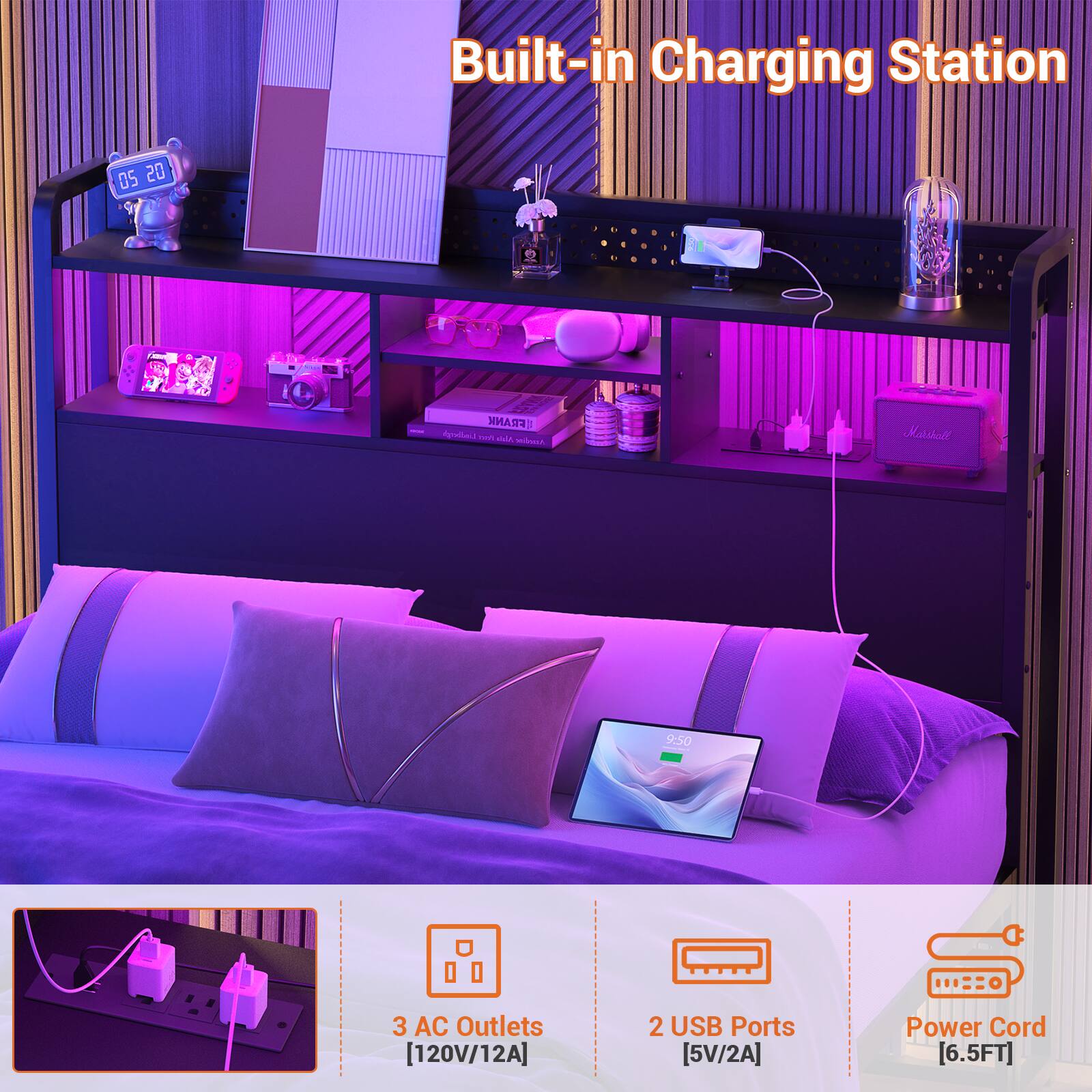 Built-in Charging Station

- 3 AC Outlets [120V/12A]
- 2 USB Ports [5V/2A]
- Power Cord [6.5FT]