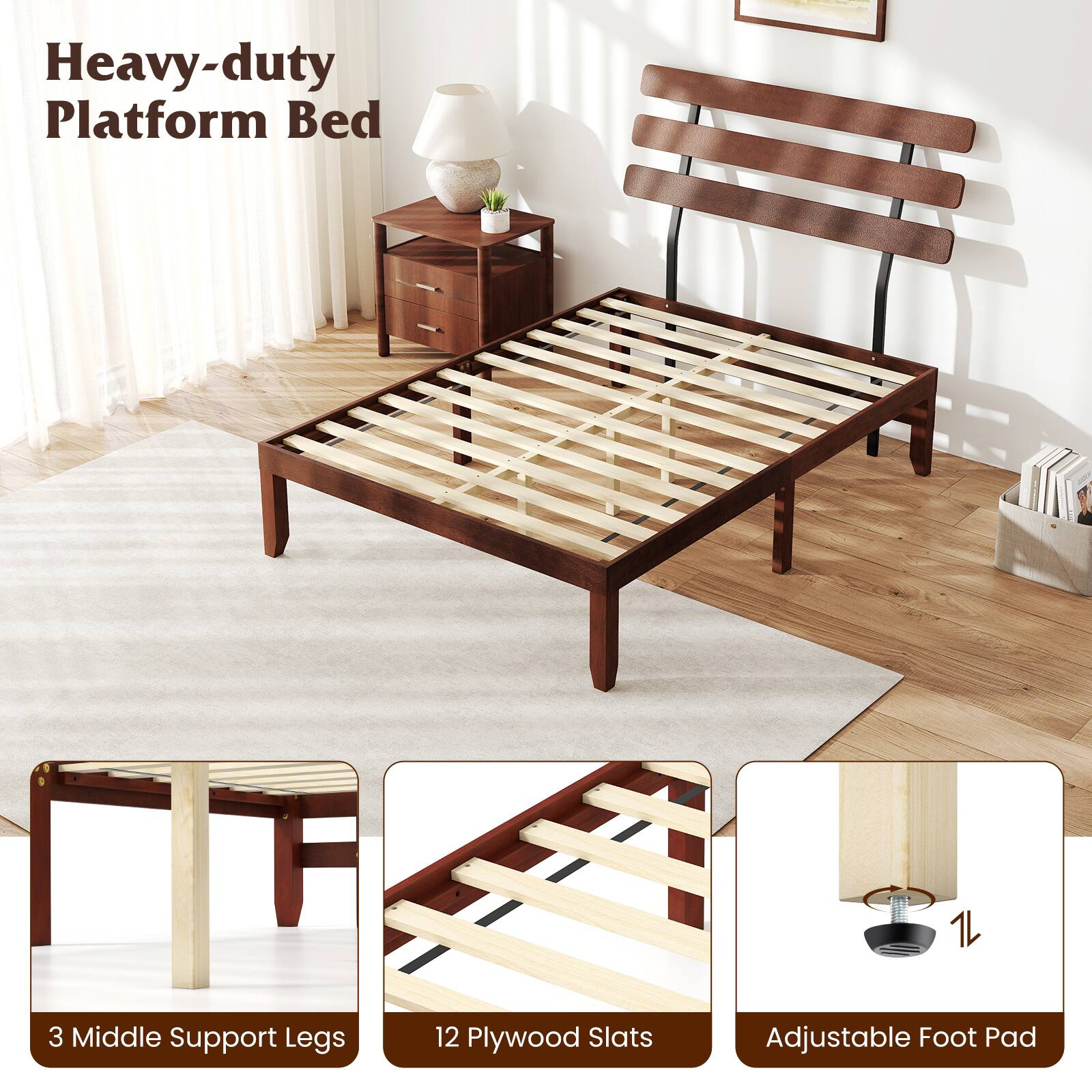 Heavy-duty Platform Bed

- 3 Middle Support Legs
- 12 Plywood Slats
- Adjustable Foot Pad