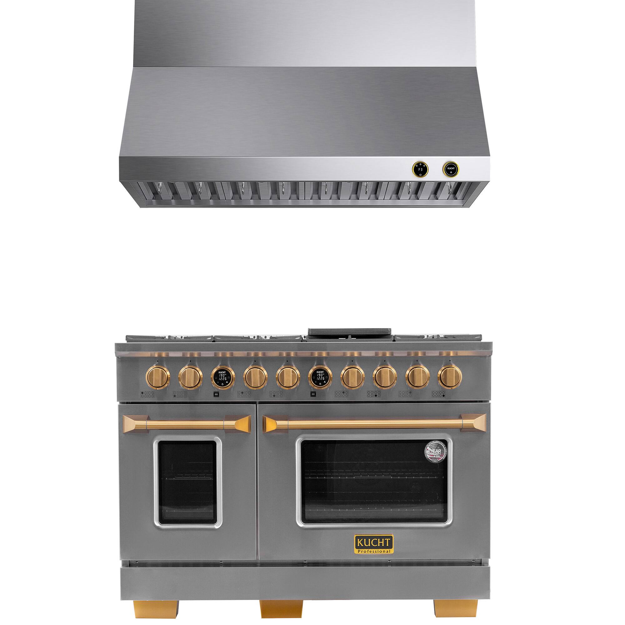 Kucht - 48 in. 6.7 cu. ft. 8 Burners Dual Fuel Range for Natural Gas in Stainless Steel and Gold + Wall Mount Range Hood - Stainless Steel with Gold Accents