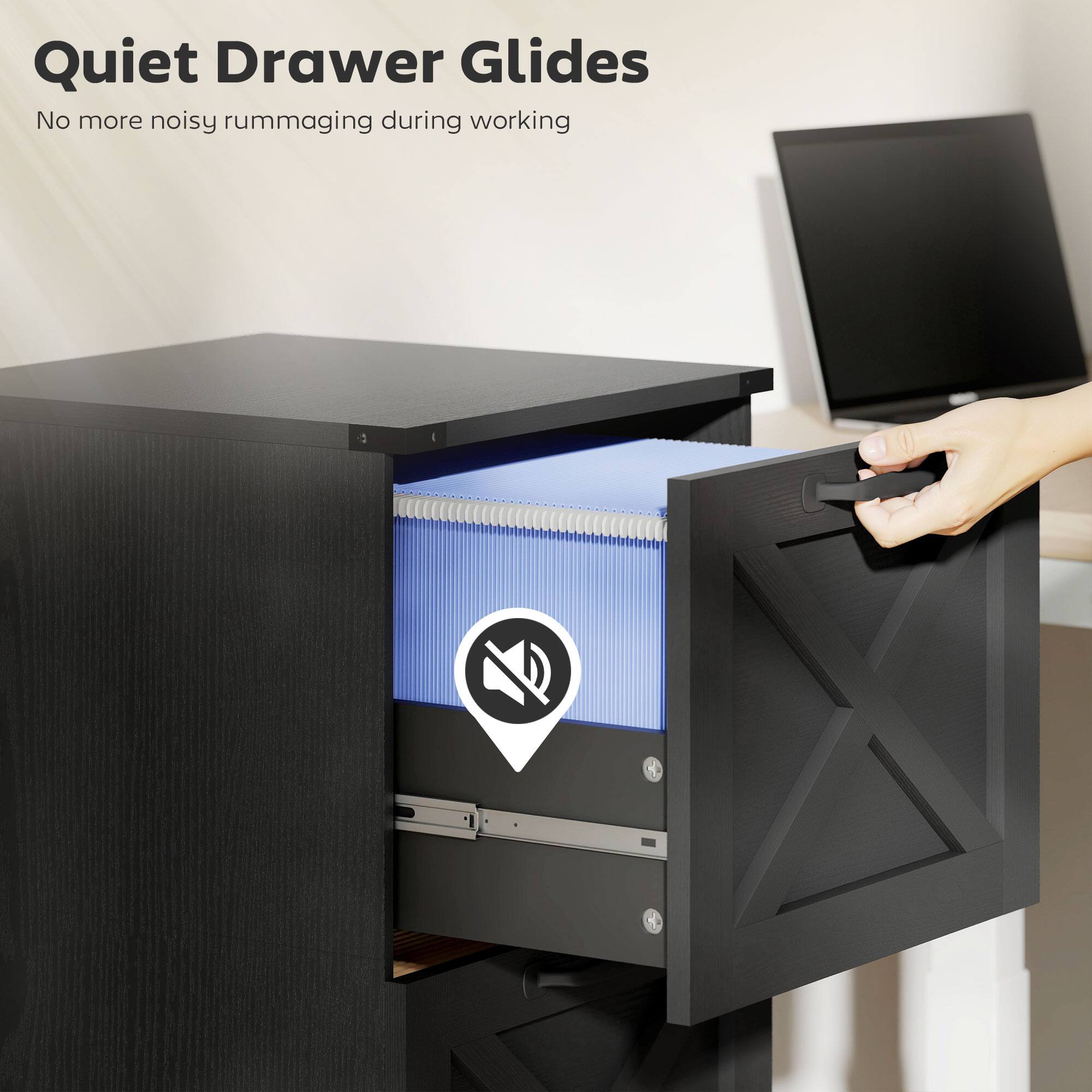 Quiet Drawer Glides  
No more noisy rummaging during working