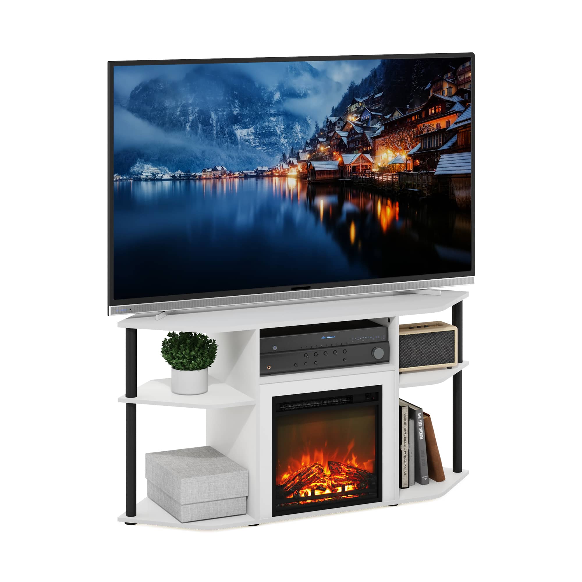 Furinno - JENSEN Fireplace TV Stand, Corner Entertainment Center, with Open Shelves, for Living Room - Plain White/Black