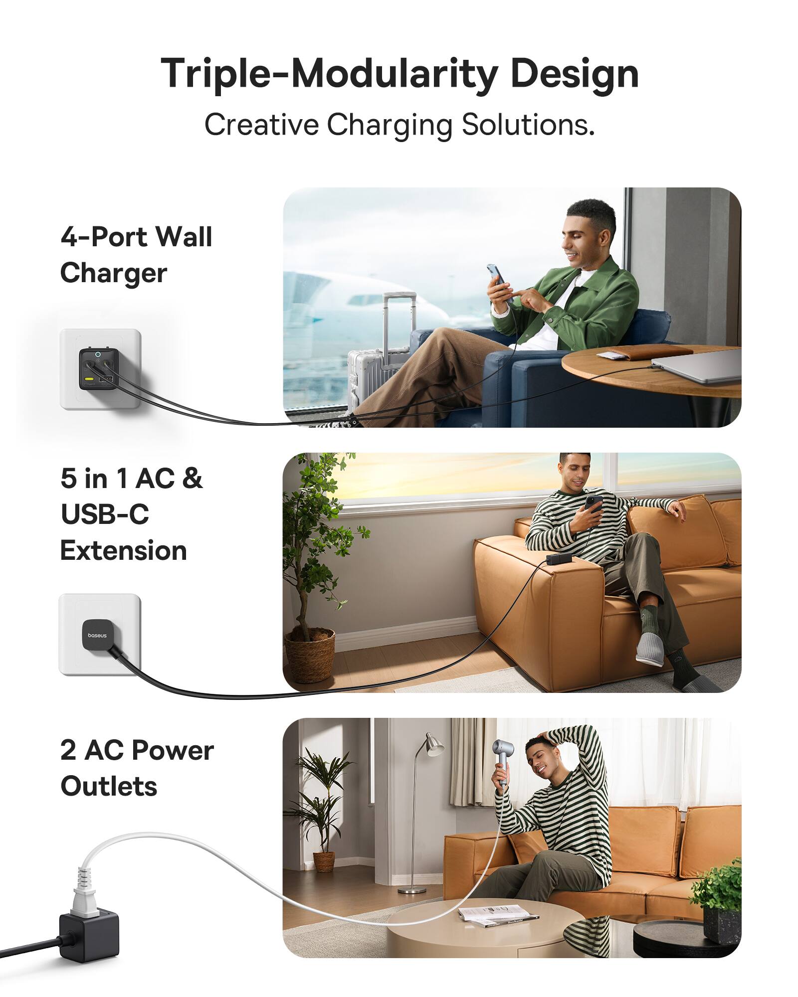 Triple-Modularity Design Creative Charging Solutions. 4-Port Wall Charger 5 in 1 AC & USB-C Extension 2 AC Power Outlets