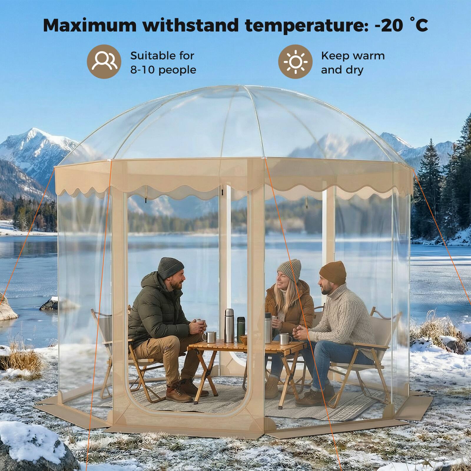 Maximum withstand temperature: -20 °C  
Suitable for 8-10 people  
Keep warm and dry
