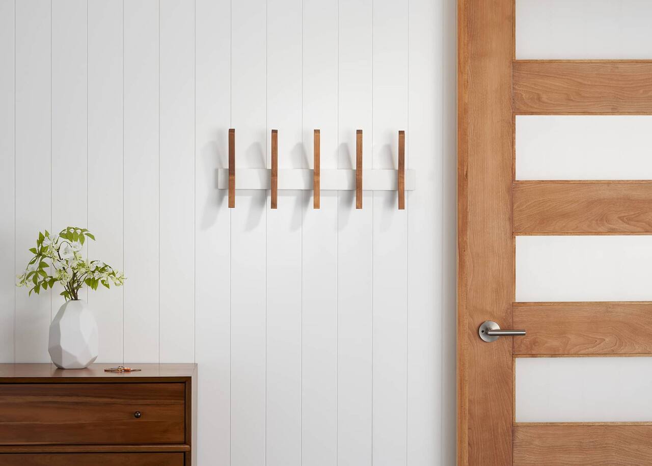 Left. TRINITY - DRAKESTONE Mid-Century Coat Rack w/ 5 Wooden Hooks White - White.