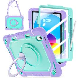 Dteck - Case Built-in Screen Protector for Apple iPad (A16) 11'' 2025/10th 2022 Pencil Holder Ring Stand Cover+Crossbody Strap - Purple+Mint