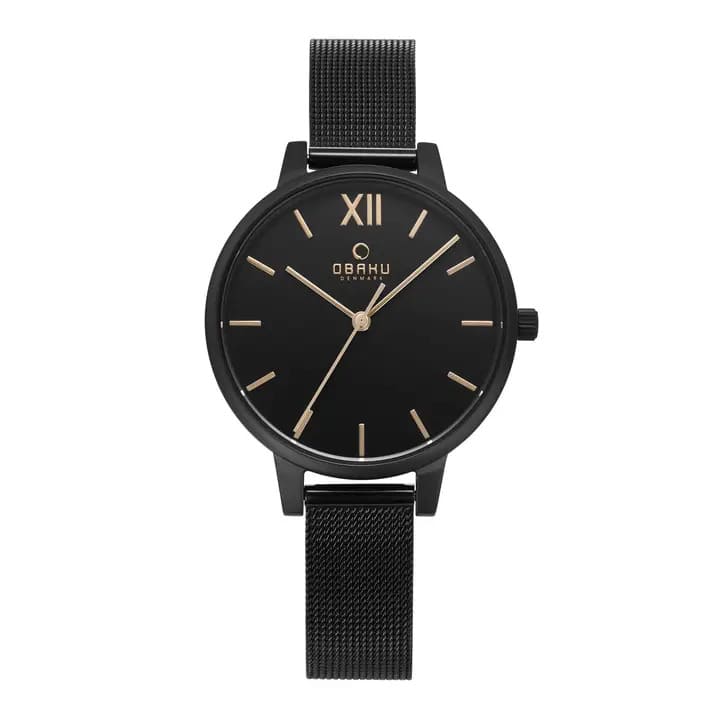 Obaku - Liv Charcoal Women's Stainless Steel Wrist Watch with Dial and Rose Gold Indexes, Matte IP Mesh Bracel - Black