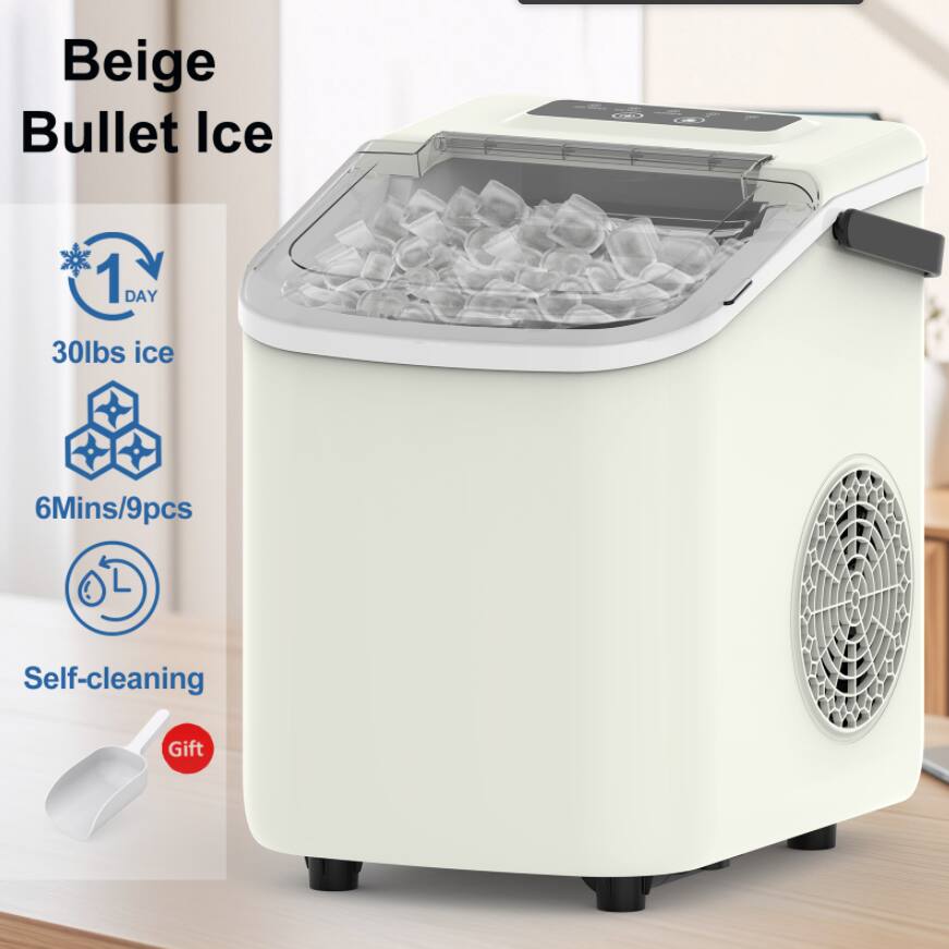 Beige Bullet Ice  
1 DAY  
30lbs ice  
6Mins/9pcs  
Self-cleaning  
Gift