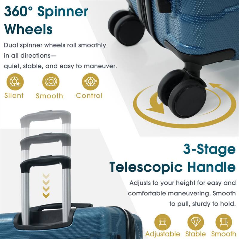 360° Spinner Wheels  
Dual spinner wheels roll smoothly in all directions—quiet, stable, and easy to maneuver.  
Silent  
Smooth  
Control  

3-Stage Telescopic Handle  
Adjusts to your height for easy and comfortable maneuvering. Smooth to pull, sturdy to hold.  
Adjustable  
Stable  
Smooth