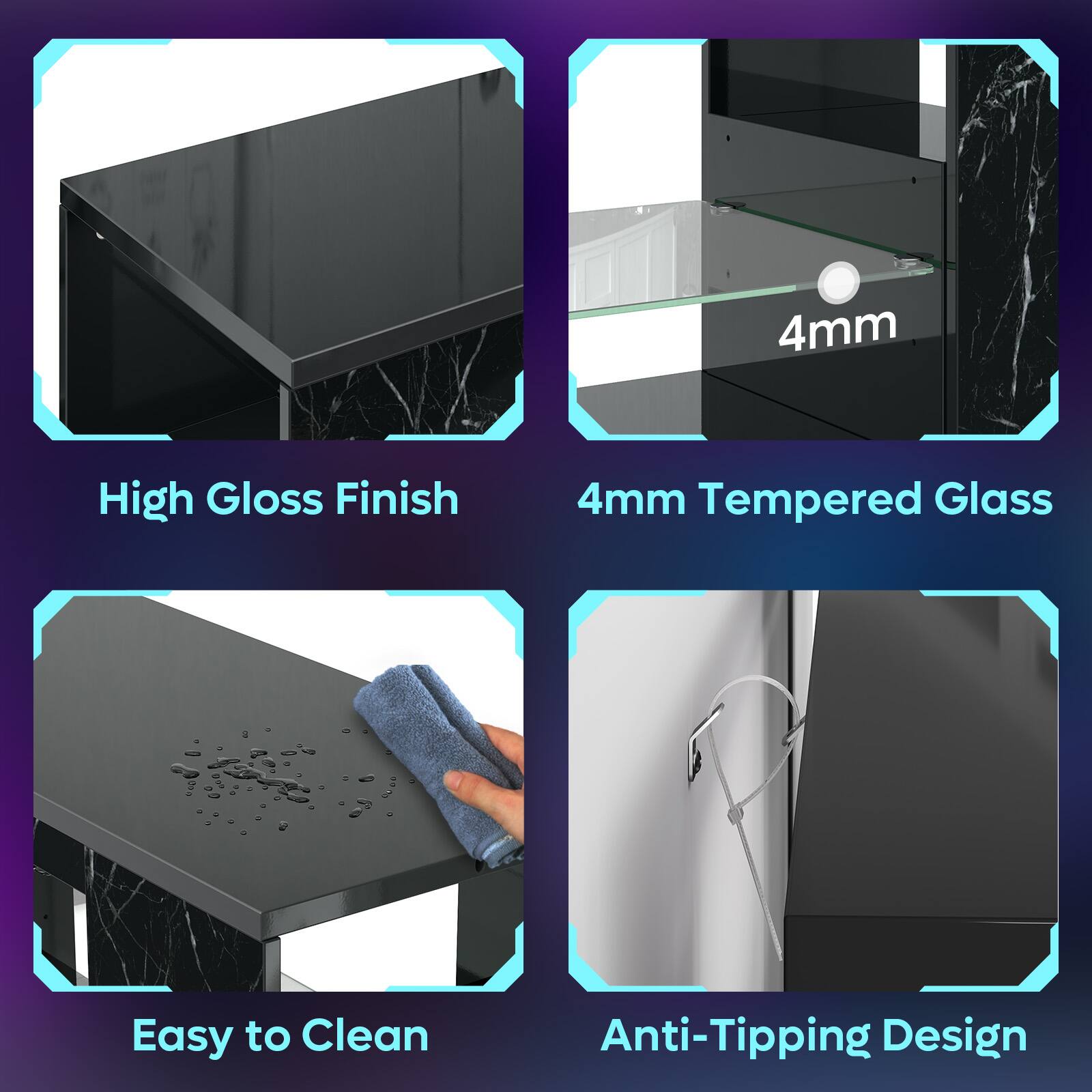 The image shows a table with a 4mm high gloss finish, which is easy to clean and has an anti-tipping design. The table is made of tempered glass, which is also 4mm thick.