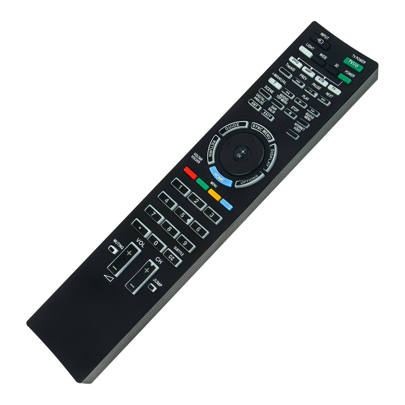 INPUT LIGHT DVD WIDE TV POWER TrackID 30 OT/VT AMP POWER I-MANUAL PREV STB SCENE = PAUSE TV AA NEXT CHGITALLOG BOMMENTENTERTAINMENTIUM F PLAY - ANT BAIR STOP EXIT SALIR $ MENU BOIOVO GUIDE SYNC ACEO INTERNET MENU VOLTAR RETURN OK DISPLAY MENU HOME OPTIONS 1 4 2 7 5 3 8 9 MUTING VOL 0 6 + CC SUBTITLE CH - + / JUMP