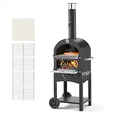 Front. VEVOR - Outdoor Pizza Oven, 12" Pellet Fire Ovens, 2-Layer Pizza Oven Wood Fired, Wood Burning Outdoor Pizza-Oven with 2 Wheels - Black.