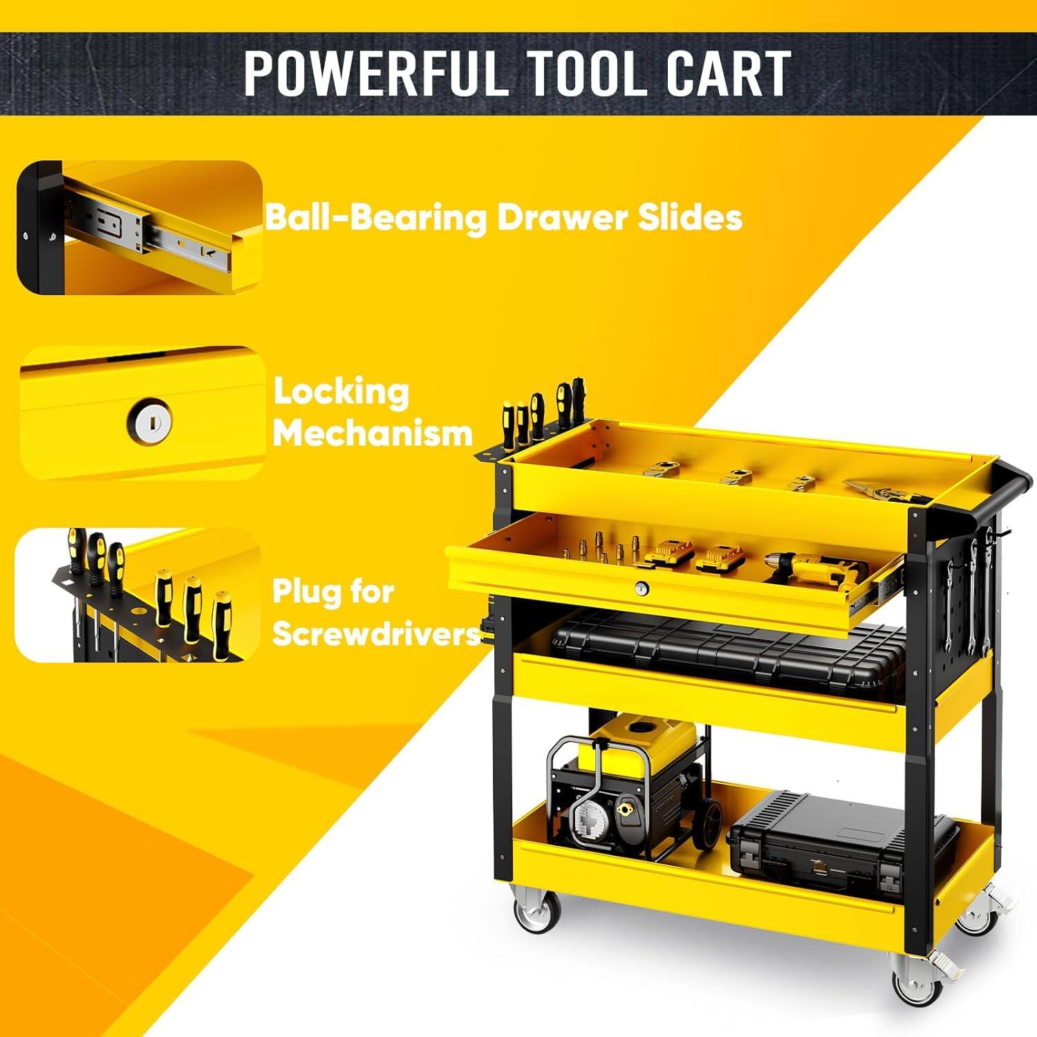 POWERFUL TOOL CART

- Ball-Bearing Drawer Slides
- Locking Mechanism
- Plug for Screwdrivers