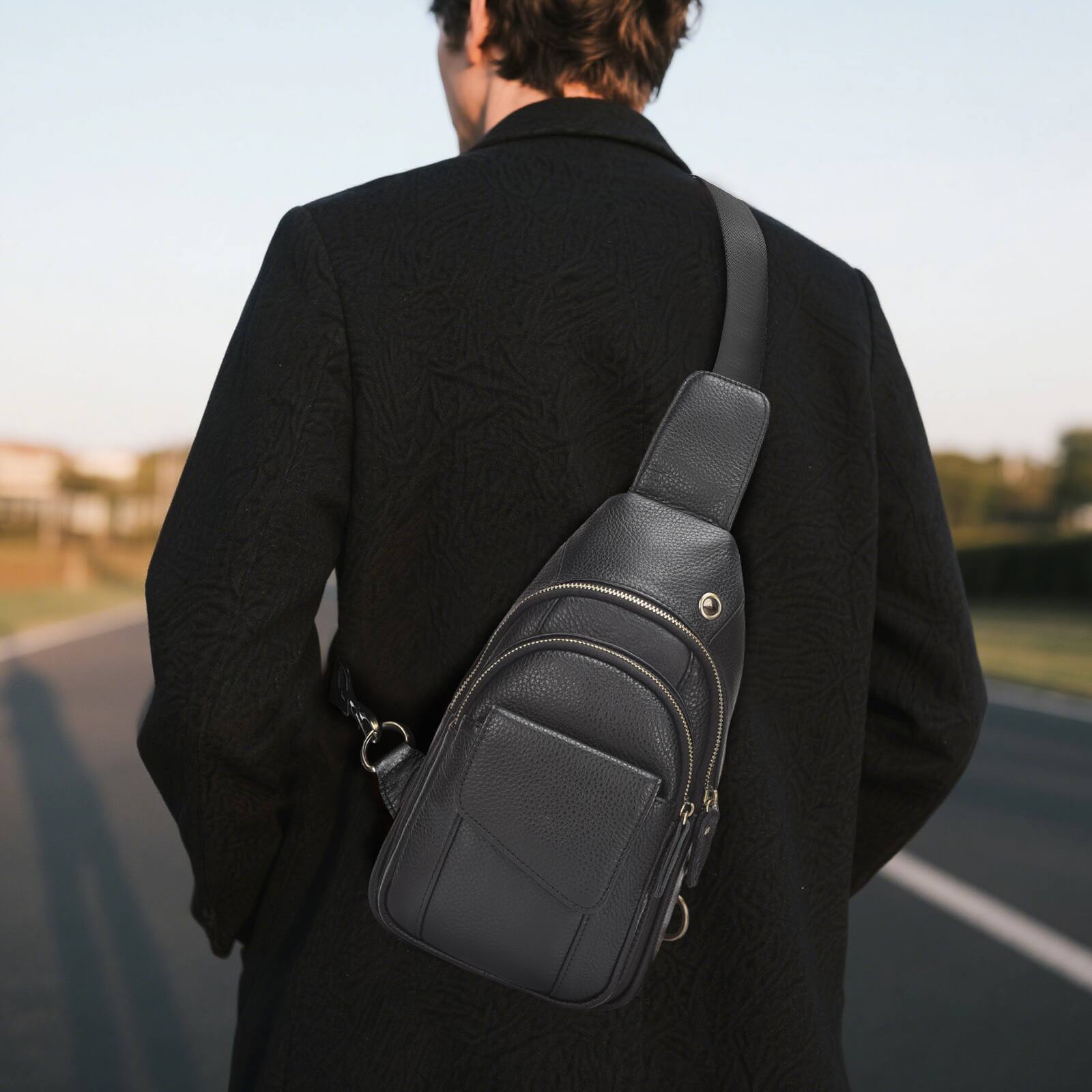 Alt View 4. Unique Bargains - Full-Grain Leather Sling Bag for Men Women Vintage Multi-Pocket Crossbody Bag with Concealed Carry Compartment - Black.