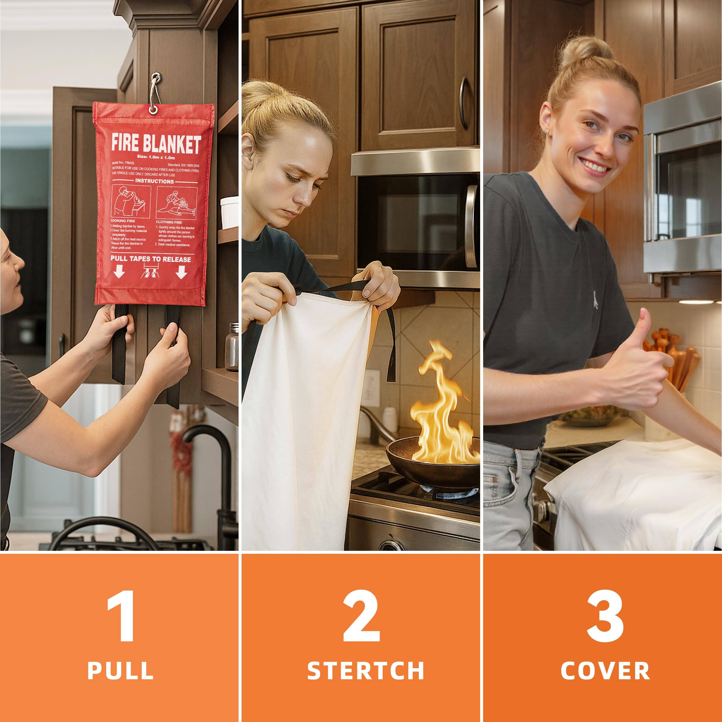 FIRE BLANKET

INSTRUCTIONS

1. PULL TAPES TO RELEASE
2. STRETCH
3. COVER

1 PULL
2 STRETCH
3 COVER
