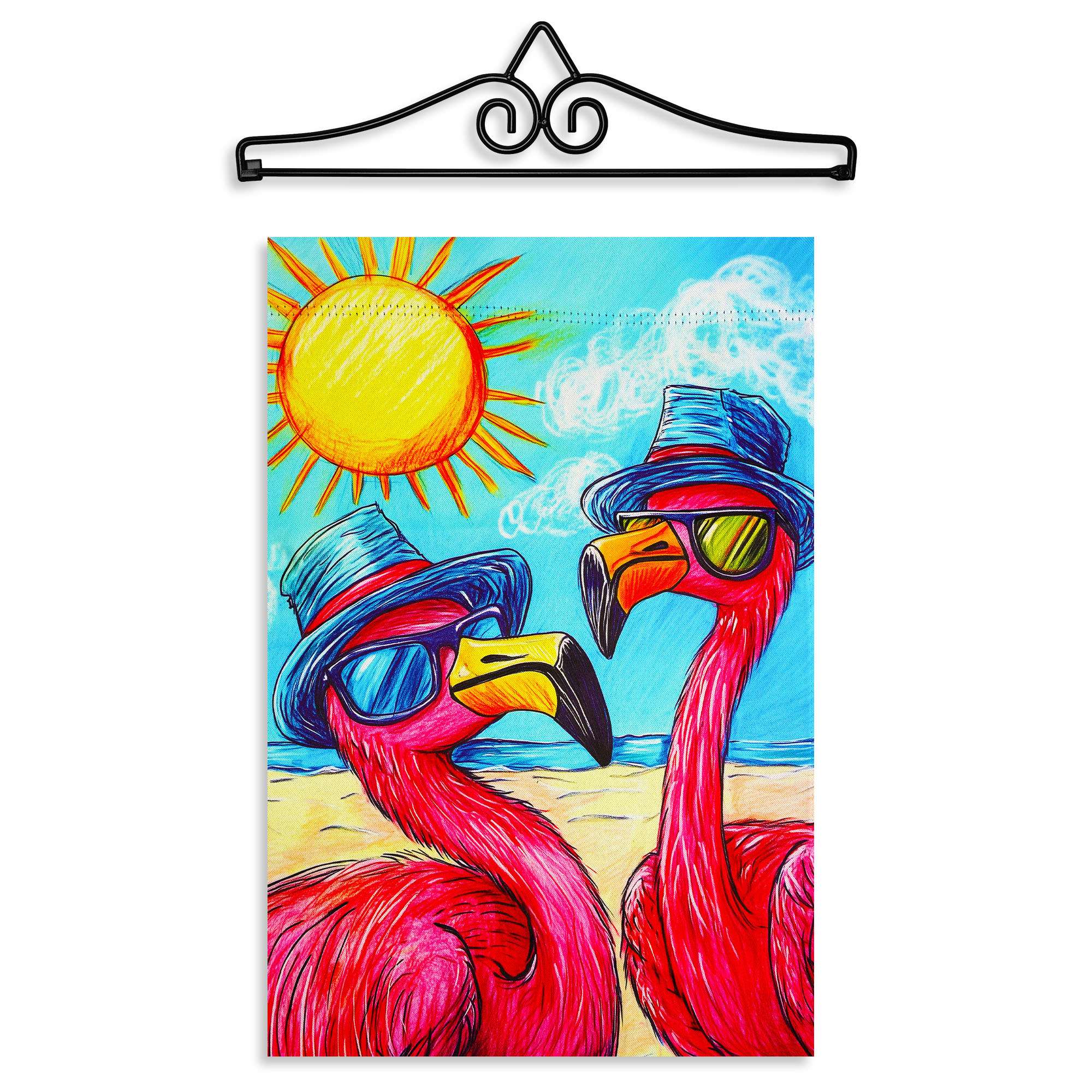 G128 - 12x18IN Summer Flamingo Beach Garden Flag with 14IN Hanger - Pink