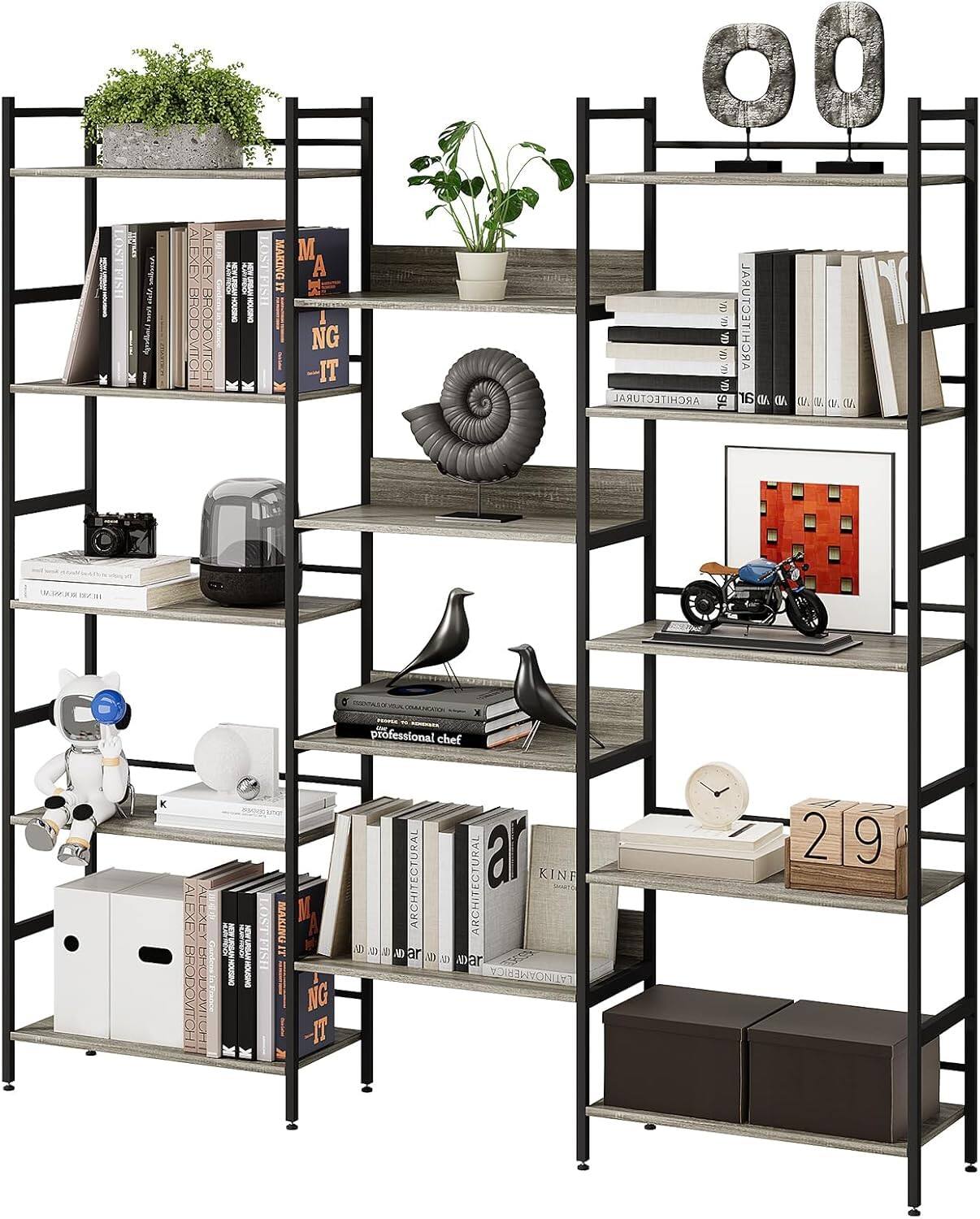 Babevy - Triple Wide 5-Tier Industrial Bookshelf, Open Display Shelves with Sturdy Metal Frame, Modern Bookcase - Gray