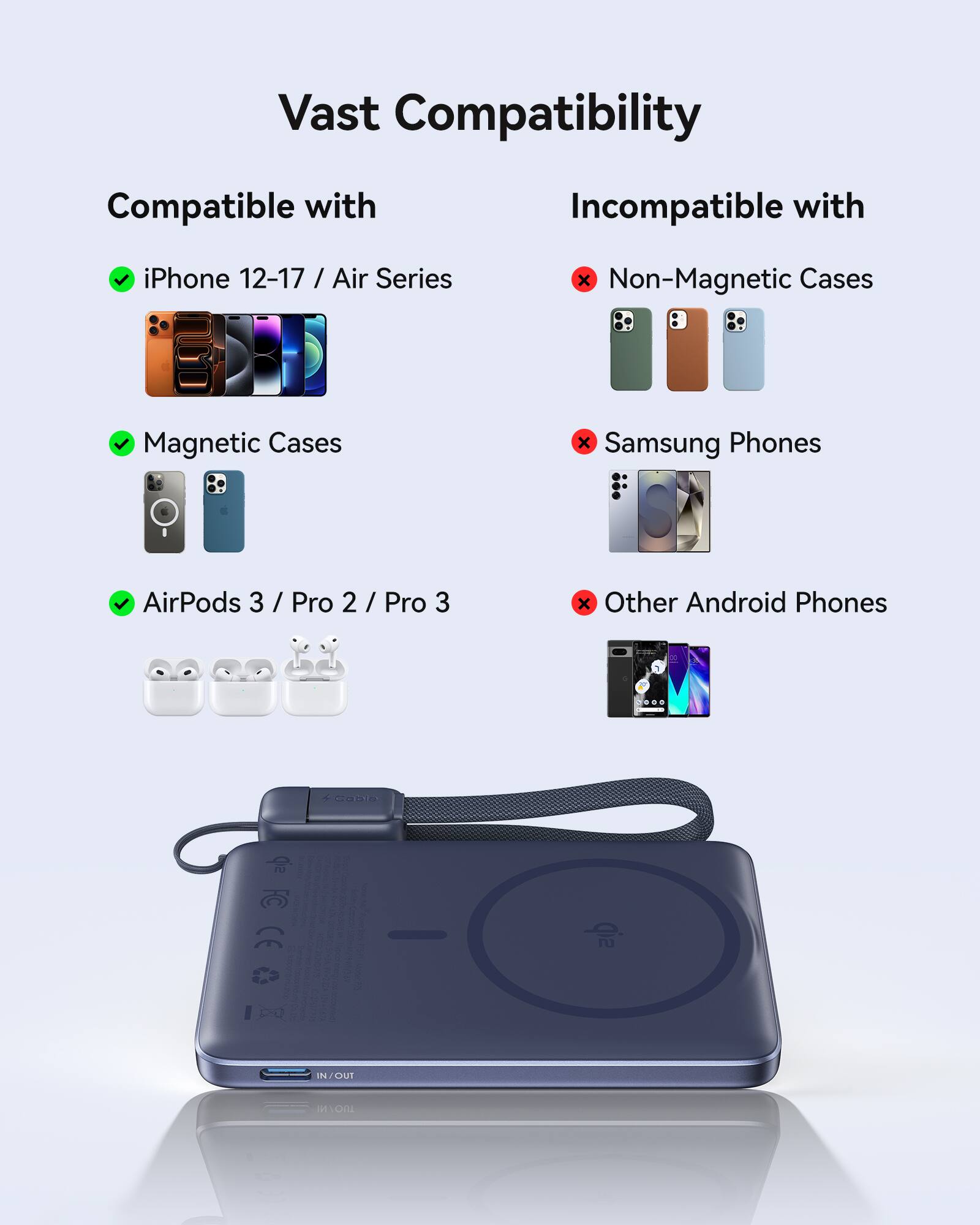 Vast Compatibility

Compatible with
- iPhone 12-17 / Air Series
- Magnetic Cases
- AirPods 3 / Pro 2 / Pro 3

Incompatible with
- Non-Magnetic Cases
- Samsung Phones
- Other Android Phones